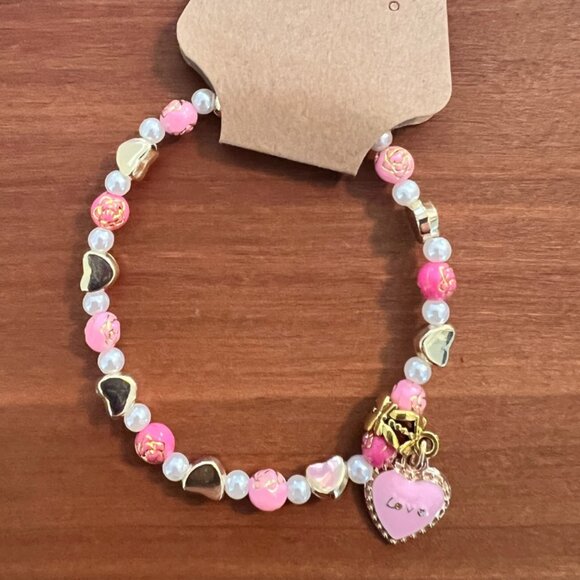 Dainty Pink, White, and Gold Heart Beaded Bracelet with Pink Heart Charm - Picture 2 of 2